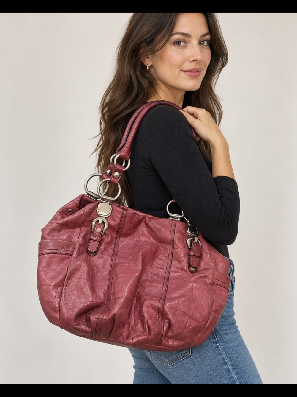 b. makowsky Plum Leather Tote with Silver-Tone Ring Hardware